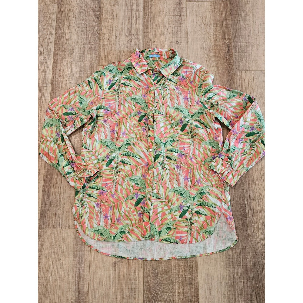 J McLaughlin Womens M 100% Linen Tropical Floral Button Down Shirt Coastal